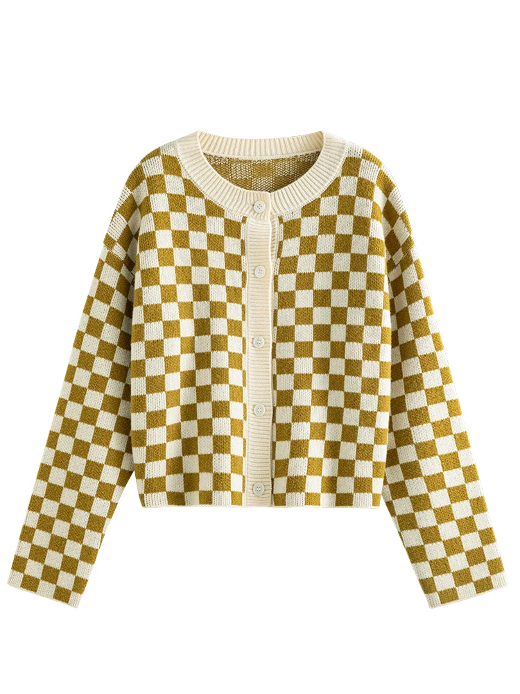 DUSHU 31.1% Wool Women Short Loose Commuter Cardigans Round Neck Checkerboard Winter Single Breasted Women Casual Sweaters