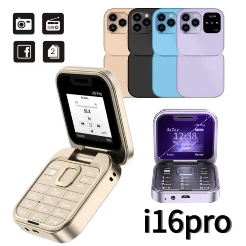 

2024 i16 Pro Small Foldable Mobile Phone Auto Call Record Speed Dial FM Radio Mini Flip Phone 2 SIM Card GSM Unlocked Cellphone