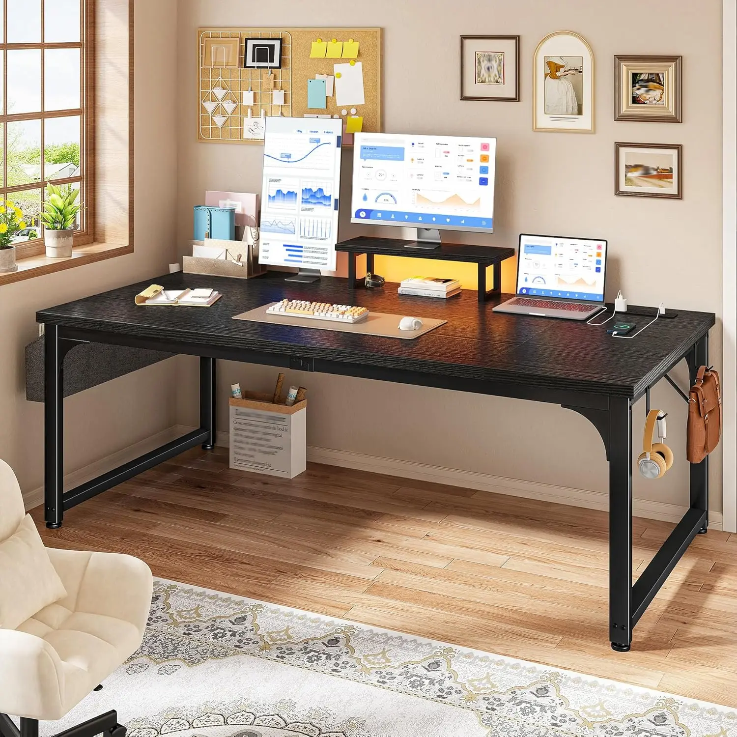 

Gaming Desk LED Light Power Outlets Monitor Stand 0.95in Desktop Storage Home Office Study Black Customized