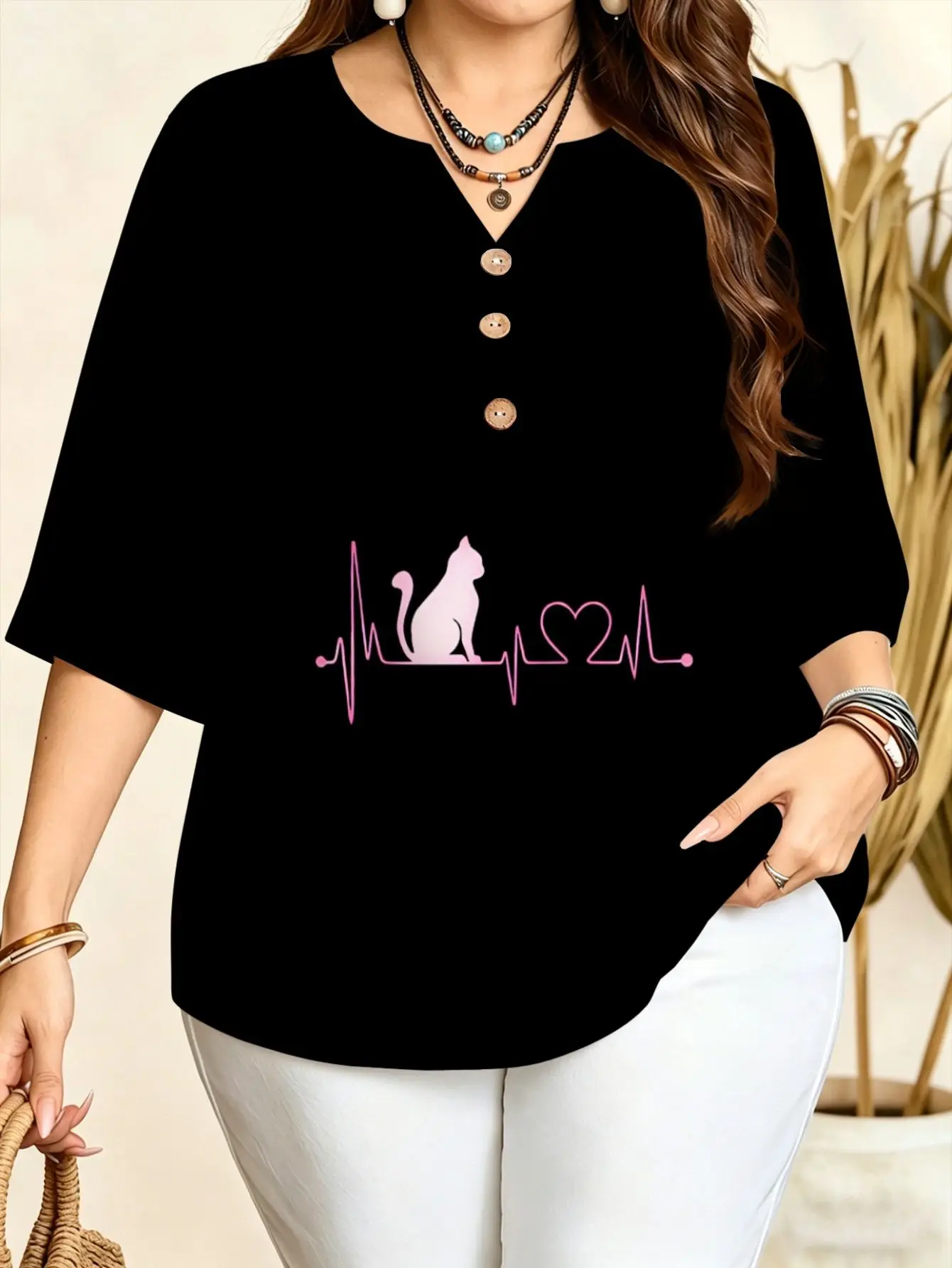 Cat Graphic Floral Star Print Blouses Notch V Neck Three Quarter Sleeve Soft Loose Fit Plus Size Women Daily Office Shirts