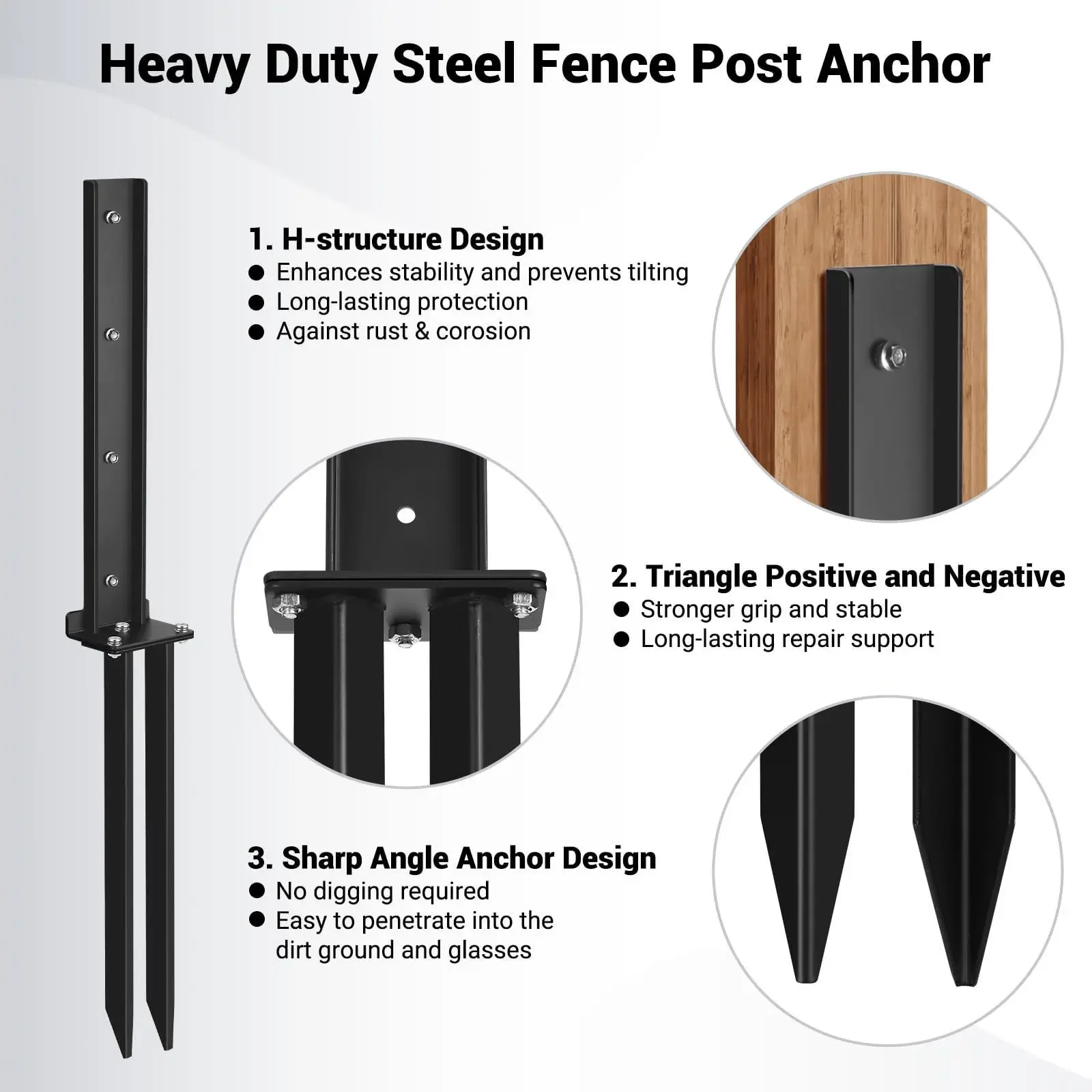 2 Piece Fence Post Anchor Kit, Heavy Duty Steel Fence Post Repair Pile, Fence Post Anchorage Nails