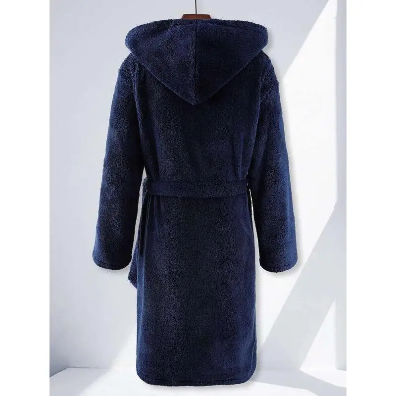 Men's Drop Shoulder Dual Pocket Belted Hooded Robe Comfortable Casual Sleepwear Bathrobe for Couples Autumn Season