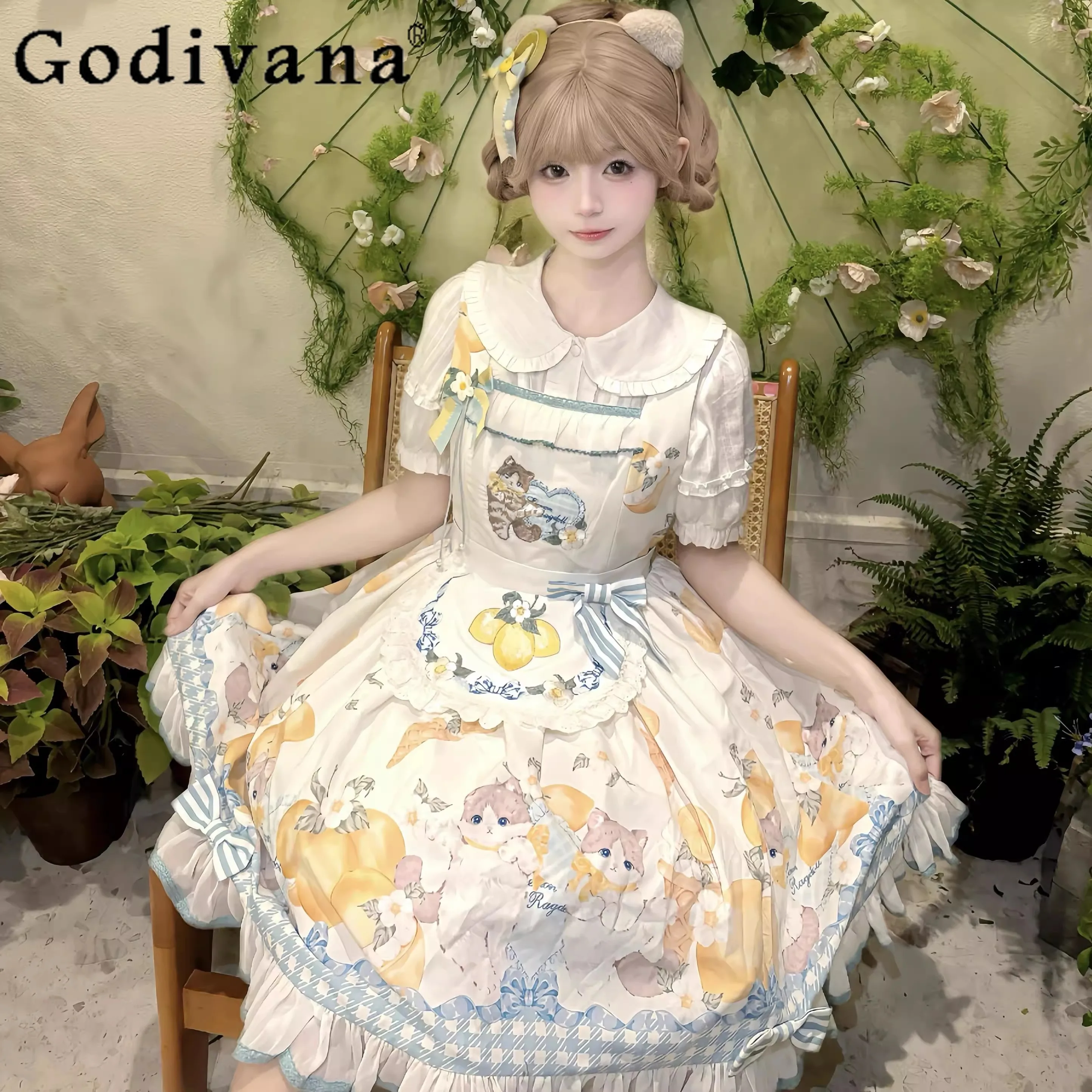 

Original Japanese Girls Lolita Style Short Dresses Summer New Sweet Cute Printed Bow Kawaii Dress Loli Daily Strap Dress Jsk