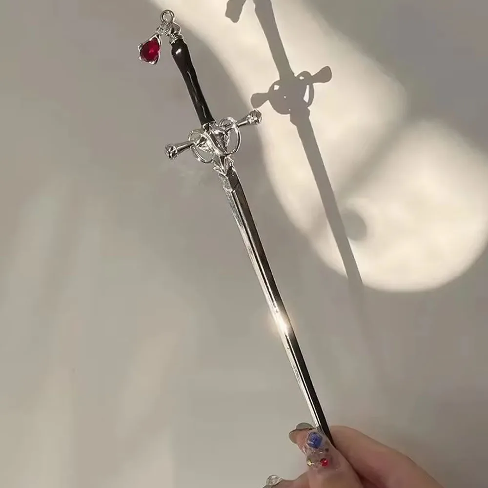 1Pc Sword w stylu chińskim szpilka do włosów Punk Ruby sztyft do włosów kucyk kobiety modna szpilka do włosów narzędzia do stylizacji codzienne akcesoria do włosów