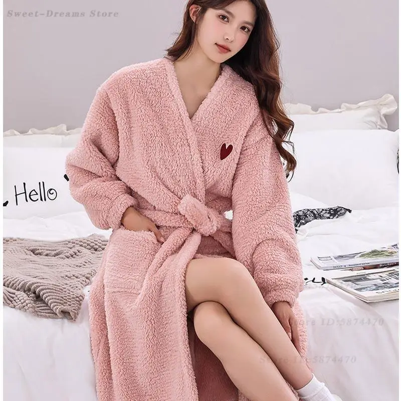 

Розовая милая ночная рубашка, халат, повседневный теплый халат, женская сексуальная одежда для сна юката, осенне-зимняя домашняя одежда из кораллового флиса, домашняя одежда
