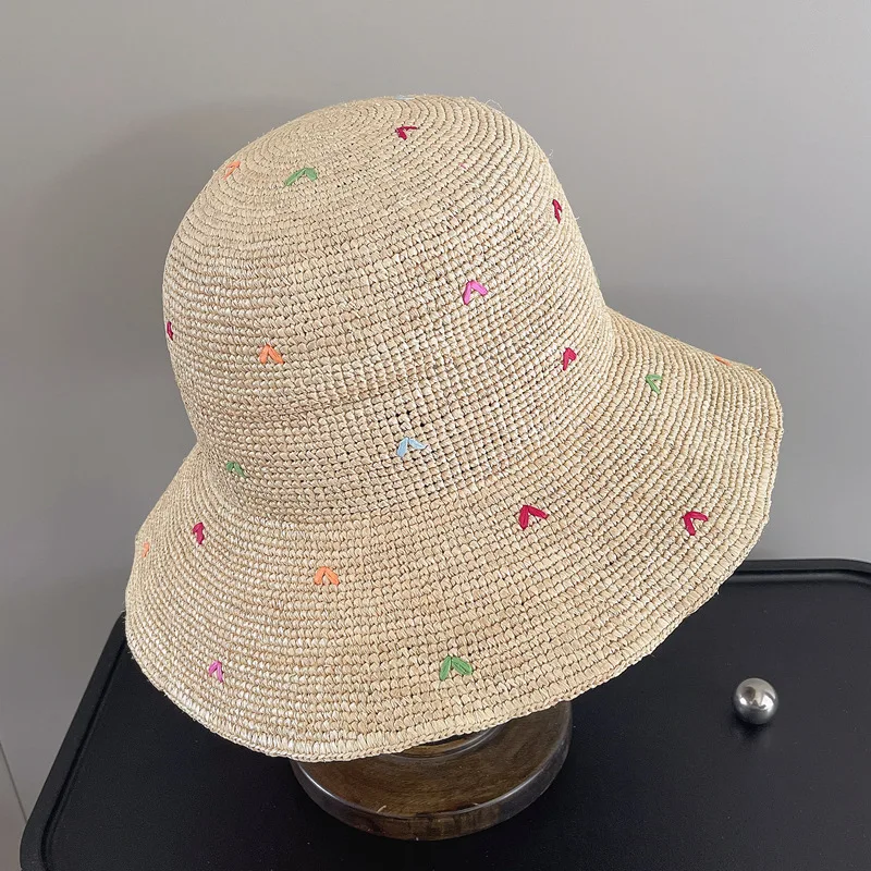 Women Embroidery Heart Raffia Straw Hat Packable Sun Hat Wide Brim Summer Bucket Hats Travel Derby Hat