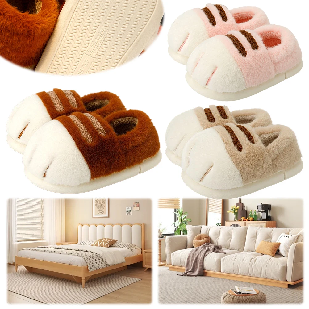 3D Cat Paw Plush Slippers Flat Thermal Slippers Comfortable Fluffy Home Slippers Furry Paw Couple Slippers for Autumn Winter