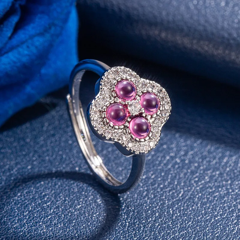 2026 New Collection-Luxurious Pink Zirconium Four-Leaf Clover Shape Women Ring-Weekend Party Fashion Jewelry-Luxury Jewelry Copy