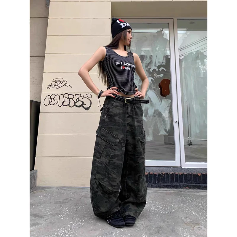 

Винтажные камуфляжные джинсы-карго, женские мешковатые джинсовые брюки в стиле Харадзюку Y2k, уличная одежда, эстетические широкие брюки 2000-х, 90-х, одежда