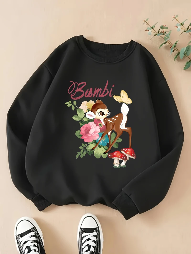 هوديي فضفاض مطبوع عليه ديزني بامبي - هودي كاجوال دافئ للشتاء باللون الأسود، تصميم زهرة الفراشة، رقبة دائرية مريحة