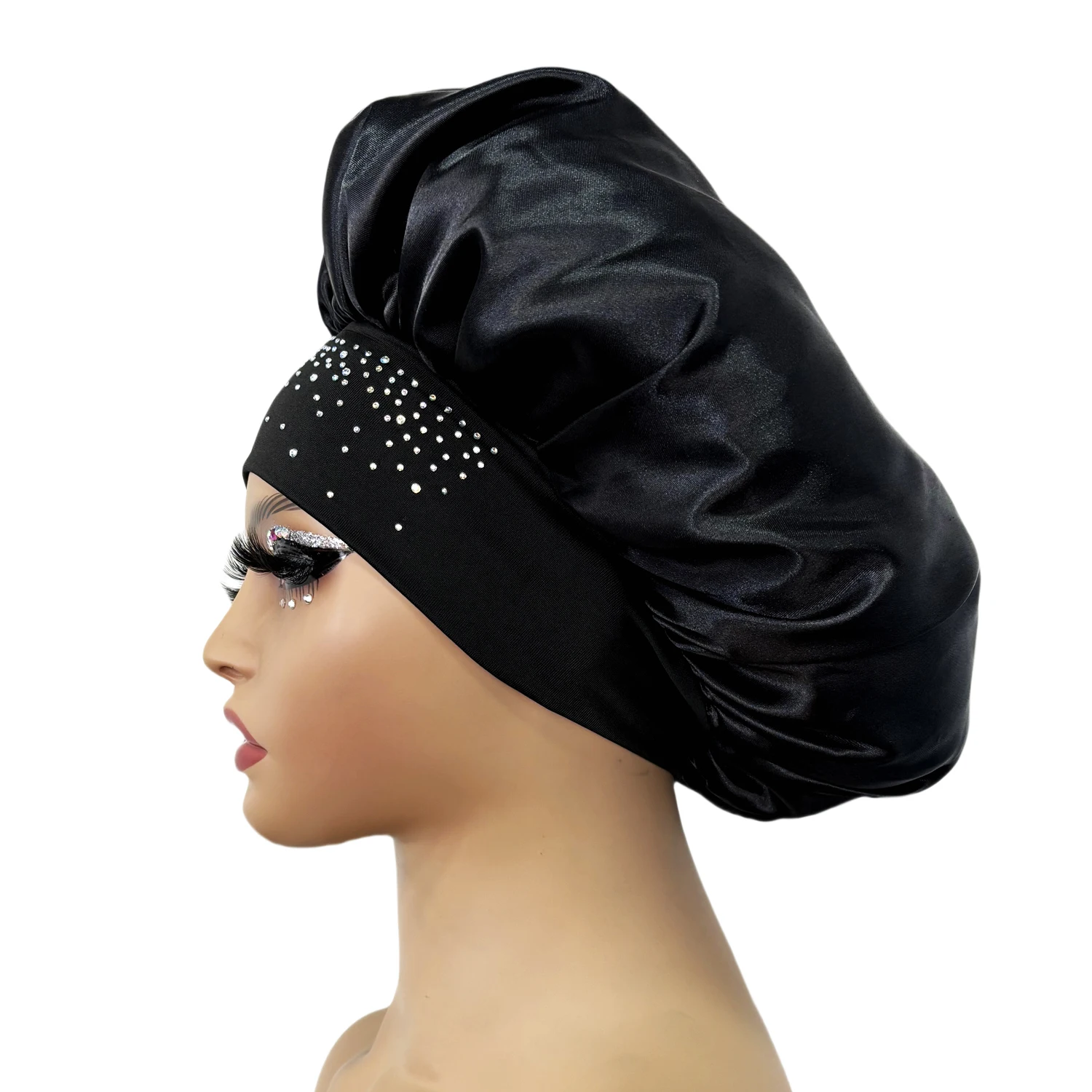 Newly Women Satin Night Sleep Cap Luxury Rhinestone Hair Bonnet Hat Shower Cap Bathroom Hair Accessories Turban Headwrap