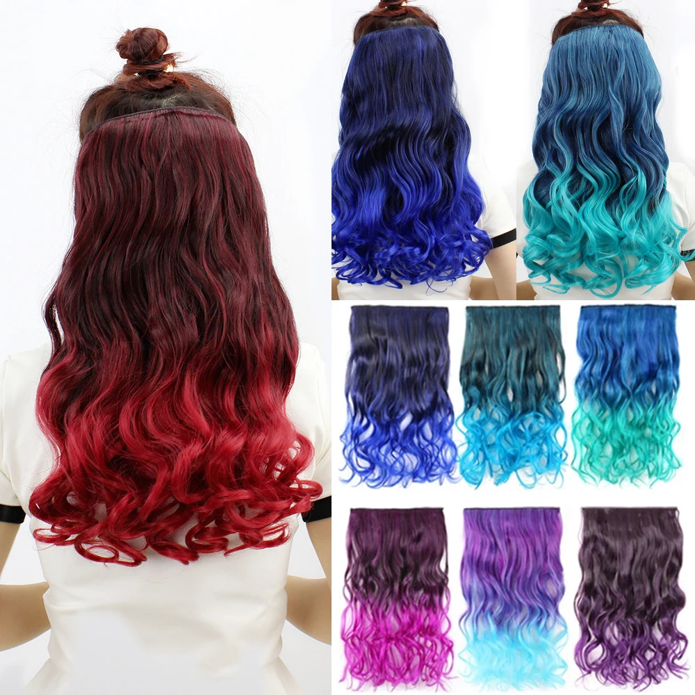 22inch Synthetic Clip On Hair Extensions Natural Rainbow Hairpieces 5 Clips in One Piece Hair Multi Colorful Body Wavy Hairpiece