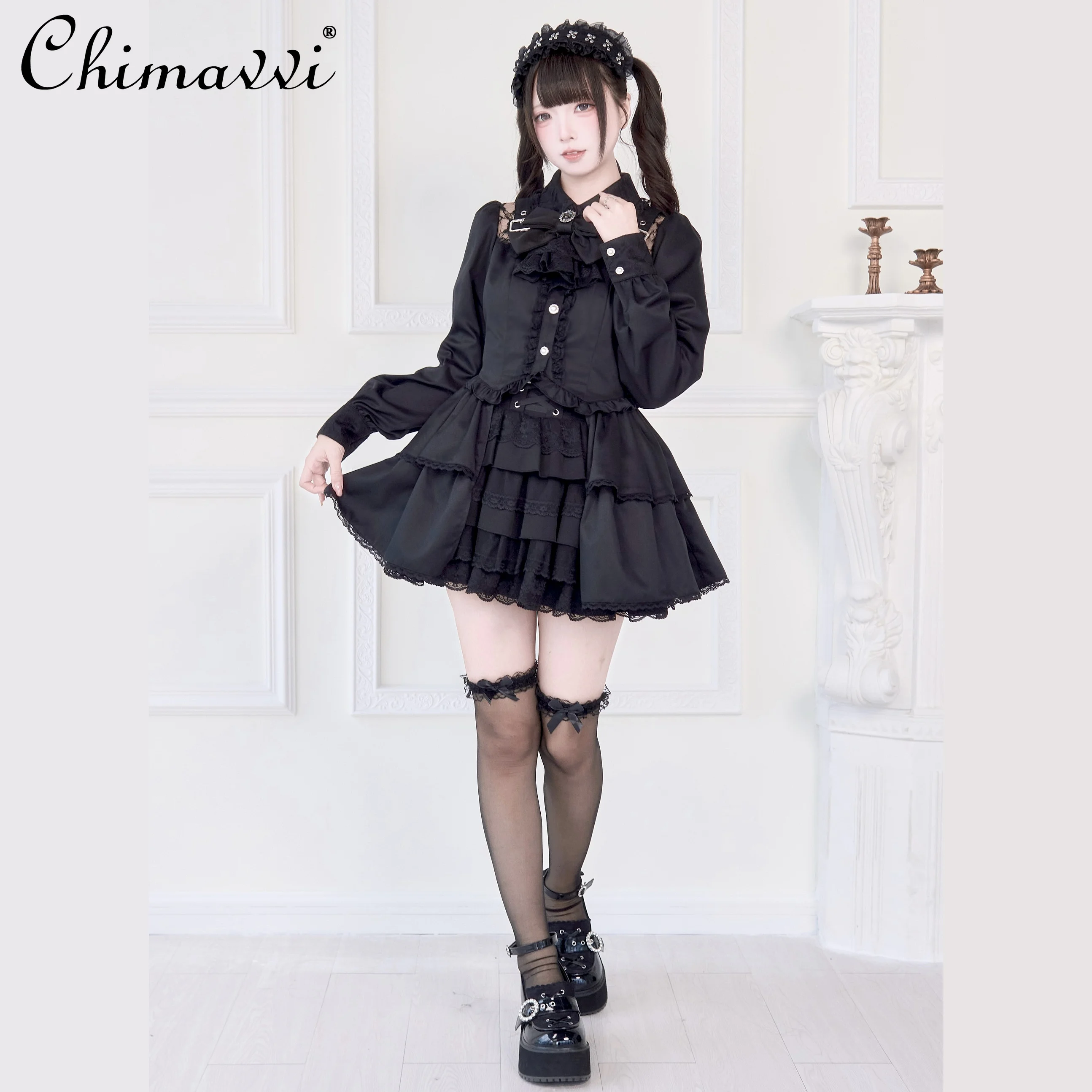 

Japanese Mass-Produced Subculture Sweet Cool Girl Cute Bow Long Sleeve Dress Gothic Lace Patchwork High Waist Lolita Dress