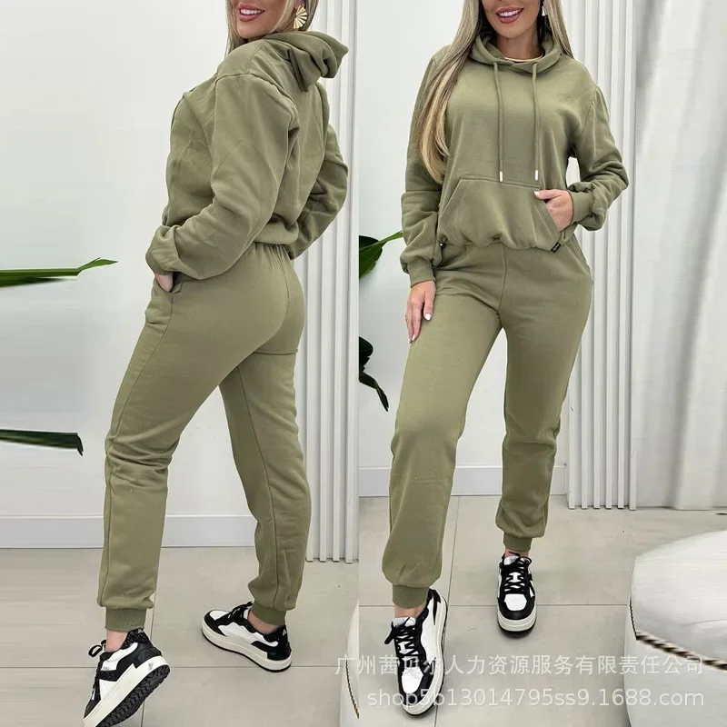 Leisure Warm Sports Hooded Pullovers Tops Kangaroo Pocket Hoodie & Cuffed Sweatpants Set Skinny Pants Outfits Sets