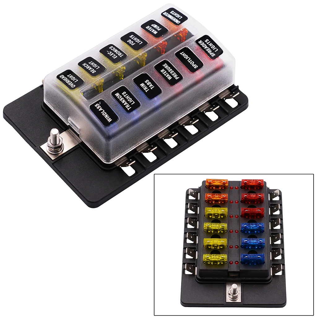 Universal 12 10 8 6-Way Fuse Box LED Indicator for Blown Fuse Protection Cover/100A Fuse Block for Automotive