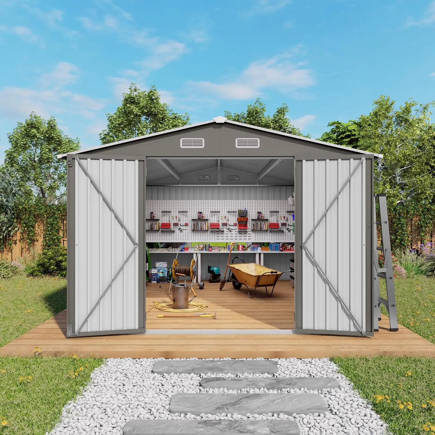 10x12 FT Metal Storage Shed with Windows & Lockable Door, Waterproof Garden Shed with 4 Vents for Backyard Patio, Customized