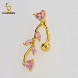 Trendsetter Floating Navel Piercing Jewelry 14G 18K Gold Plated Reversed Belly Ring Pink Crystal Heart Branch Dainty Navel Bar