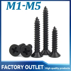 100Pcs M1 M1.2 M1.4 M1.5 M2 M2.6 M3 M3.5 M4 M5 Cross Countersunk Flat Head Self-tapping Screw Black Phillips Carbon Steel