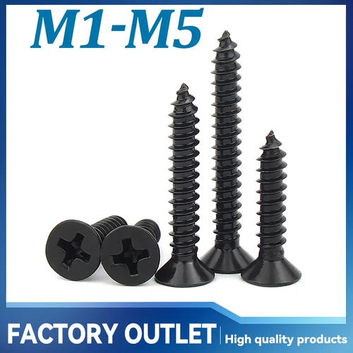100 Uds M1 M1.2 M1.4 M1.5 M2 M2.6 M3 M3.5 M4 M5 tornillo autorroscante de cabeza plana avellanada cruzada acero al carbono Phillips negro