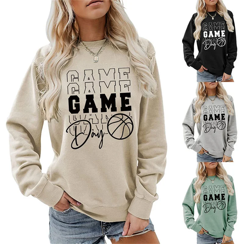 New cotton autumn women's game game game day ball letter print fashion all casual round neck long sleeve loose shirt