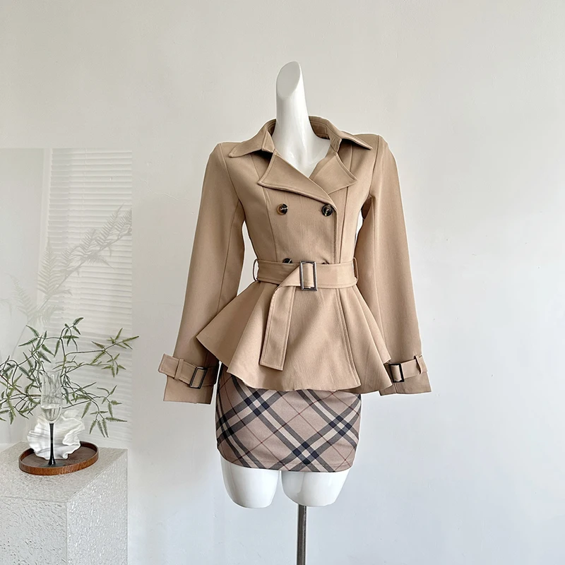 British style cinched waist slimming temperament, suit collar windbreaker jacket+plaid short skirt women's fashion set