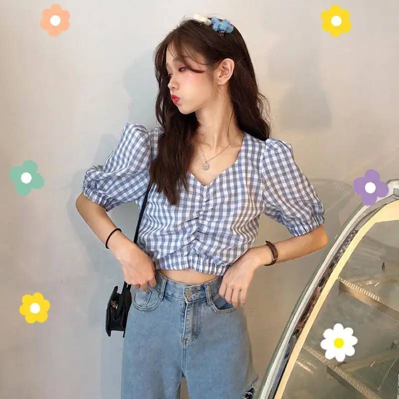 

Ins Стиль шифоновые плиссированные укороченные рубашки с короткими рукавами женские французские художественные женские городские студенческие молодежные популярные