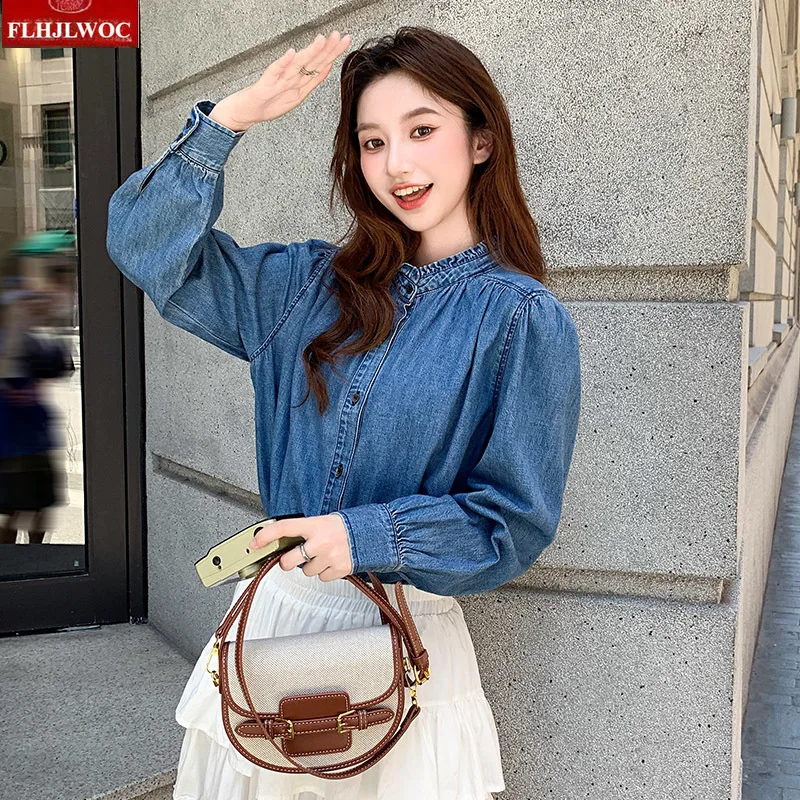 Europeu retro denim topos solto outerwear ano novo primavera feminino manga longa casual vintage gola azul jeans camisas jeans