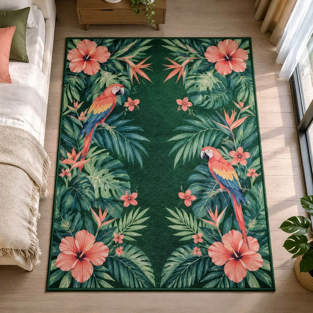 VIKAMA Floor Mat Pine Needle Green Tropical Floral Parrot Modern Stain Resistant Sunroom Reading Nook Walk In Closet Home Decor