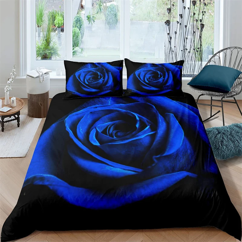 

Blue Roses Print Duvet Cover Set Twin Size Blossom Rose Flowers 3D Printed Microfibre Quilt Cover Cute Ultra Soft Zipper Closure