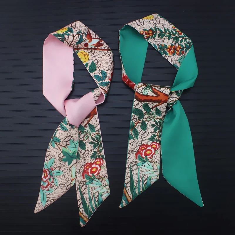 Bohemian National Style Flower and Bird Jungle Letter Silk Scarf Female Tie Bag Handle Ribbon Headband Scarf