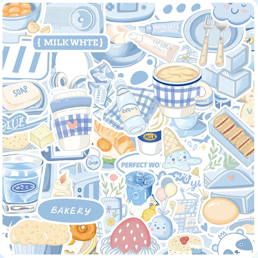 Autocollants de dessin animé de style INS pour enfants, petits aliments frais bleus, décalcomanies esthétiques pour téléphone, ordinateur portable, bagages, jouets mignons, cadeaux de bricolage, 10 pièces, 30 pièces, 50 pièces