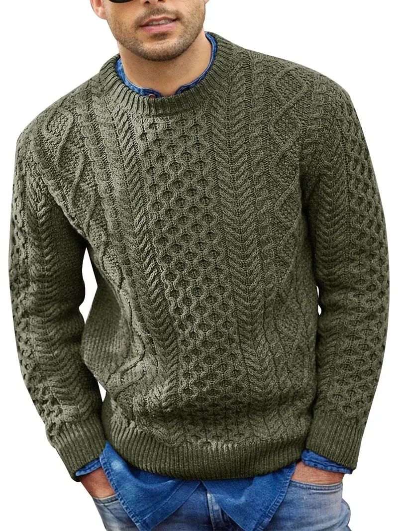 

American Men's Round Neck Versatile Sweater, Winter and Autumn Solid Color Pullover Knitted Cable Fashion Inner Sweater