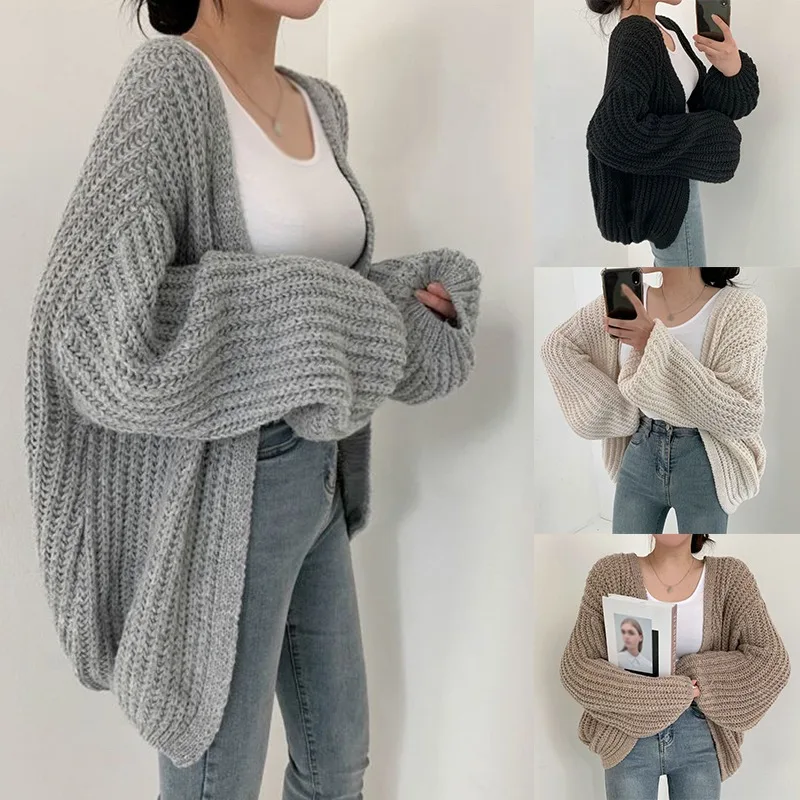 Loose Casual Solid Color Autumn Winter Women\'s Cardigan V Neck Knitted Sweaters Versatile Coat