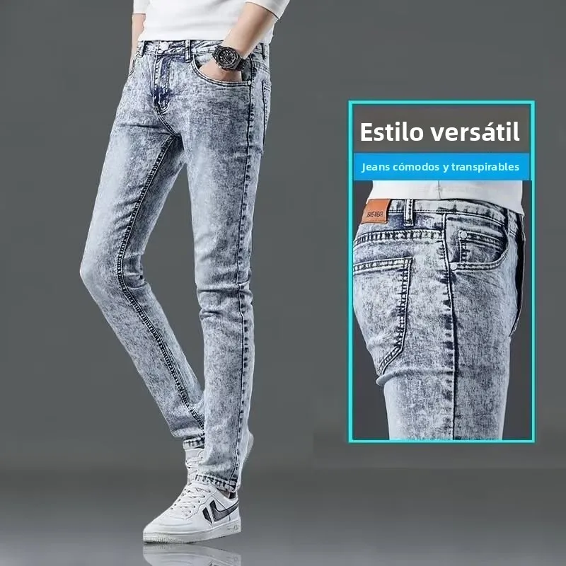 Jeans de Mezclilla Elásticos Ajustados para Hombre, Color Gris Nieve, Estilo Coreano Moderno, Pantalones Largos Casuales, Pri...