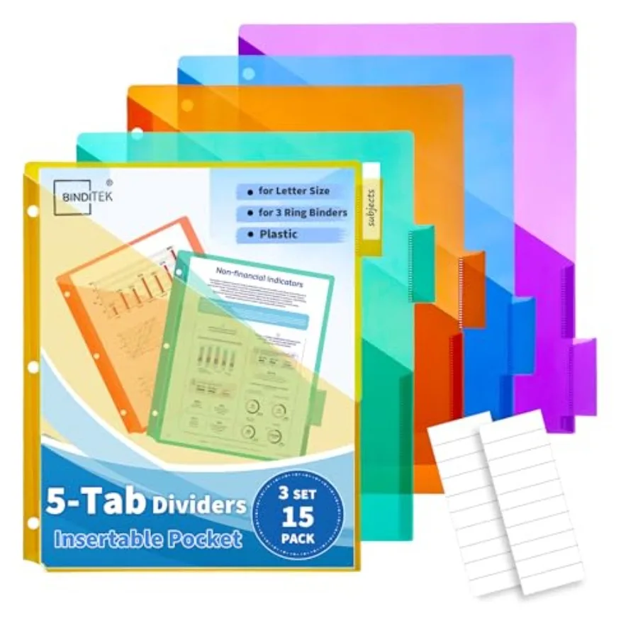 

5-Tab Binder Dividers with One Front Pocket, Fits Standard 3-Ring Binder, Large Pocket, Insertable Tabs for Quick Organization,