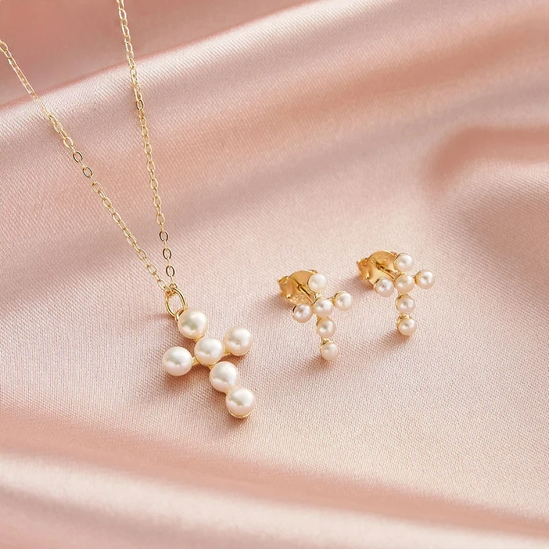

925 Sterling Silver Gold-Plated Freshwater Pearls Cross Shape Choker Pendant Necklce Wedding Party Simple Necklace GPN78