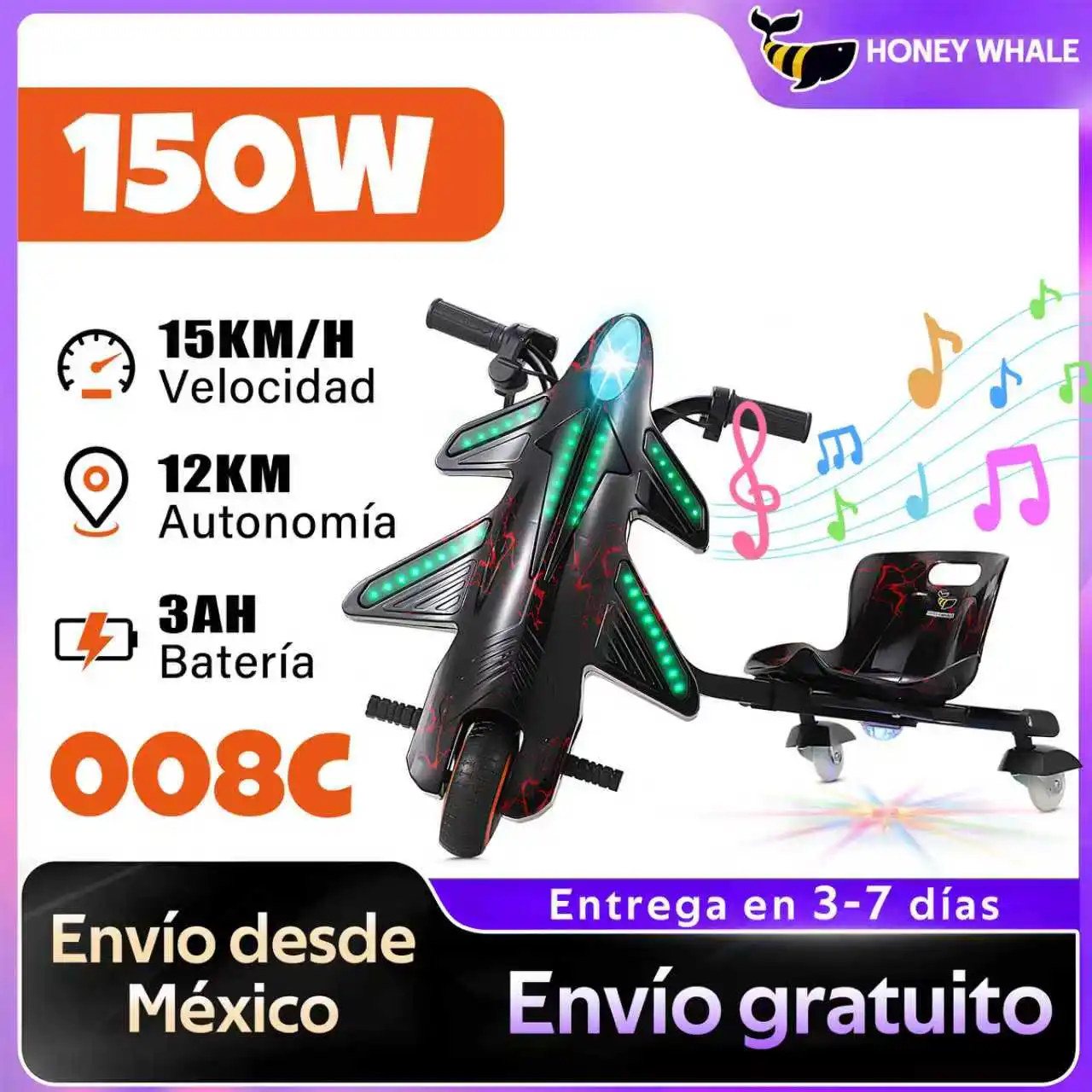 HONEYWHALE 008C Triciclo Electrico de 3 Ruedas para Niños Mayores de 5-8 Años, Velocidad 15KM/H-MAX, Rotación de 360°, Deriva, Carro Electrico Niño Montable, Luces LED de Colores y Reproducir Música