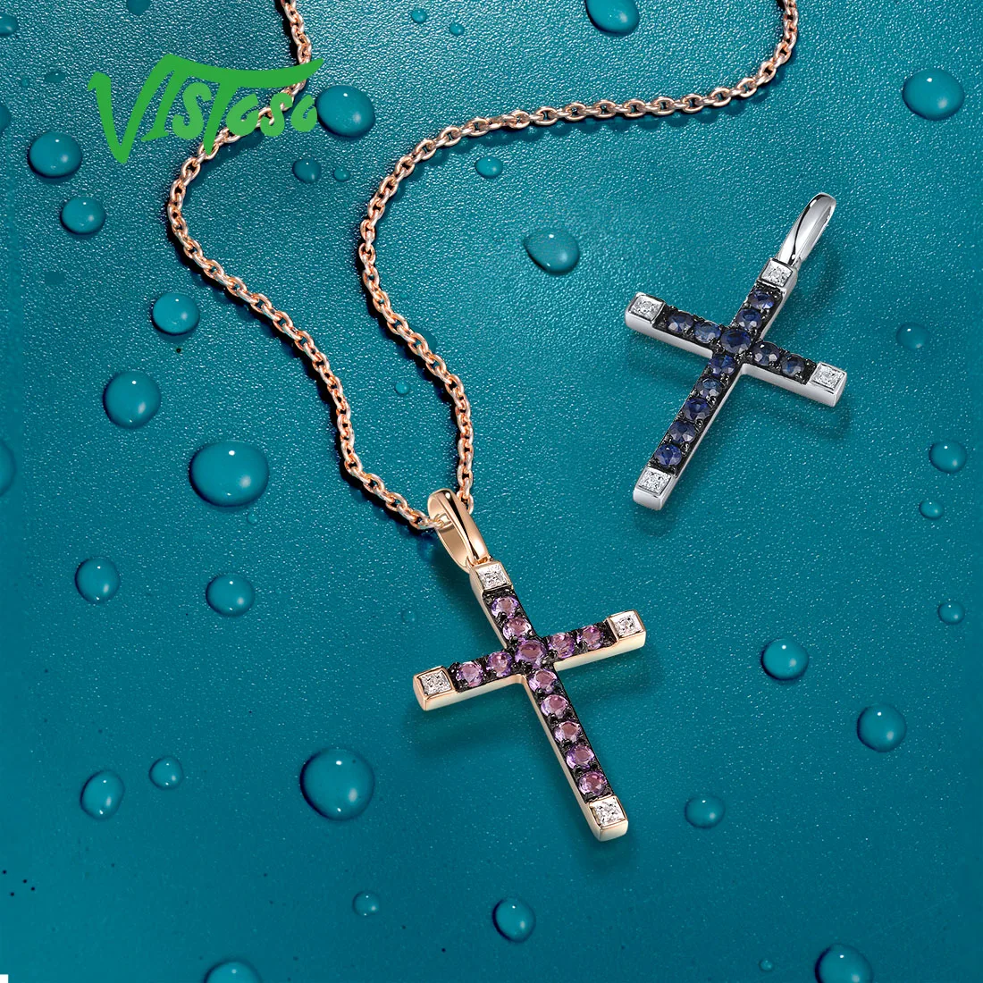 VISTOSO 14K 585 Rose White Gold Pendant For Women Sparkling Diamond Amethyst Sapphire Cross Style Classic Trendy Fine Jewelry
