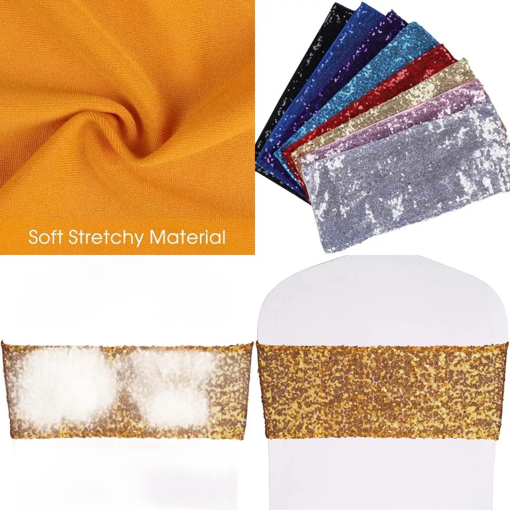 

50 Pack Stretch Sequin Chair Sashes - One-Sided Sequins for Hotel, Wedding, Party Chair Decorations, 4x16, Gold