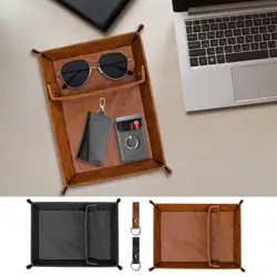 Leather Valet Tray For Men PU Leather Organizer Desk Catchall Tray Bedside Nightstand Desk Tray With Dividers For Bathroom