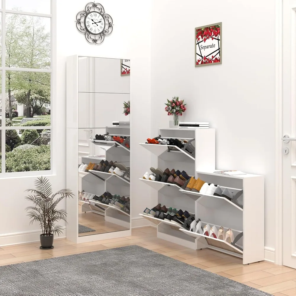 Modern Shoe Cabinet with Full Length Mirror,Freestanding Shoe Rack Storage Organizer with 5 Flip Drawers,Separate 3+2 Tier Shoe