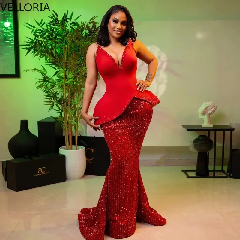 

Red Shining Mermaid Evening Dress Sexy Sleeveless Deep V Neck Prom Gown Luxury Beaded Ruffle Train Formal Party Gown Customized