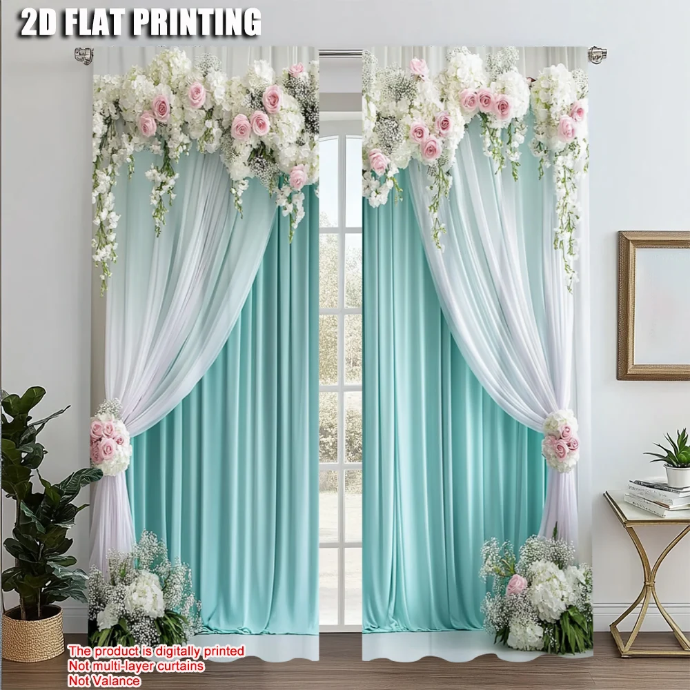 2pcs, Light Filtering Curtains 2D print Elegant Green and White Curtain Fabric (without rod) Thermal Insulation, and Room