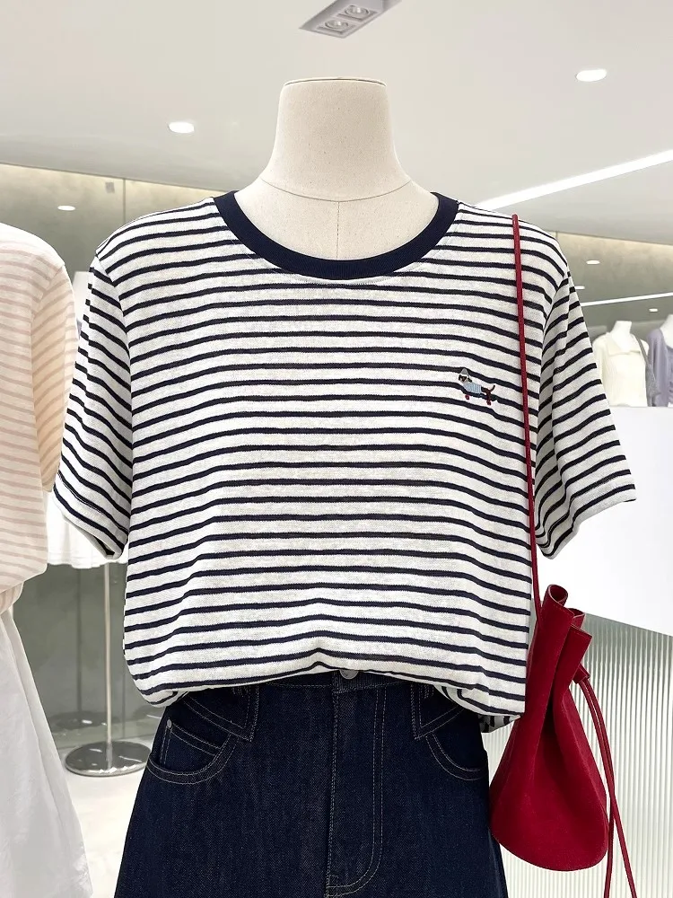 

plus Size 300 Pou Skateboard Sausage Dog Embroidery Striped ort Sve T-irt Women's Spring Summer New Slimming Top