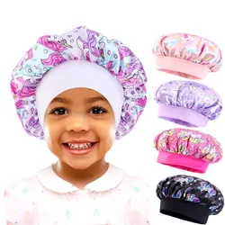 New Baby Unicorn cartoon print Satin Night Sleep Cap Elastic Wide Band Bonnet Hair Cover Hat Beanie Salon Bath Spa Shower Caps
