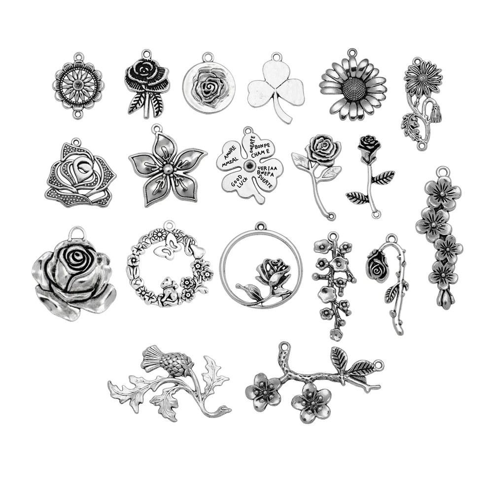 10pcs/lot Vintage Flower Clover Charms Rose Sunflower Thistle Pendant For Diy Jewelry Making Findings Supplies Accessories