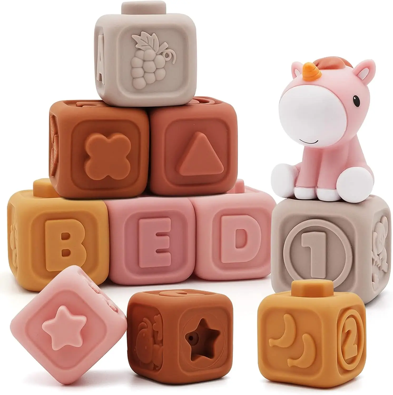 

7 Pcs Soft Building Blocks, Sensory Stacking Squeeze Toys with Horse Figure, Newborn Essentials for 6 12 18 Months Baby Toddler