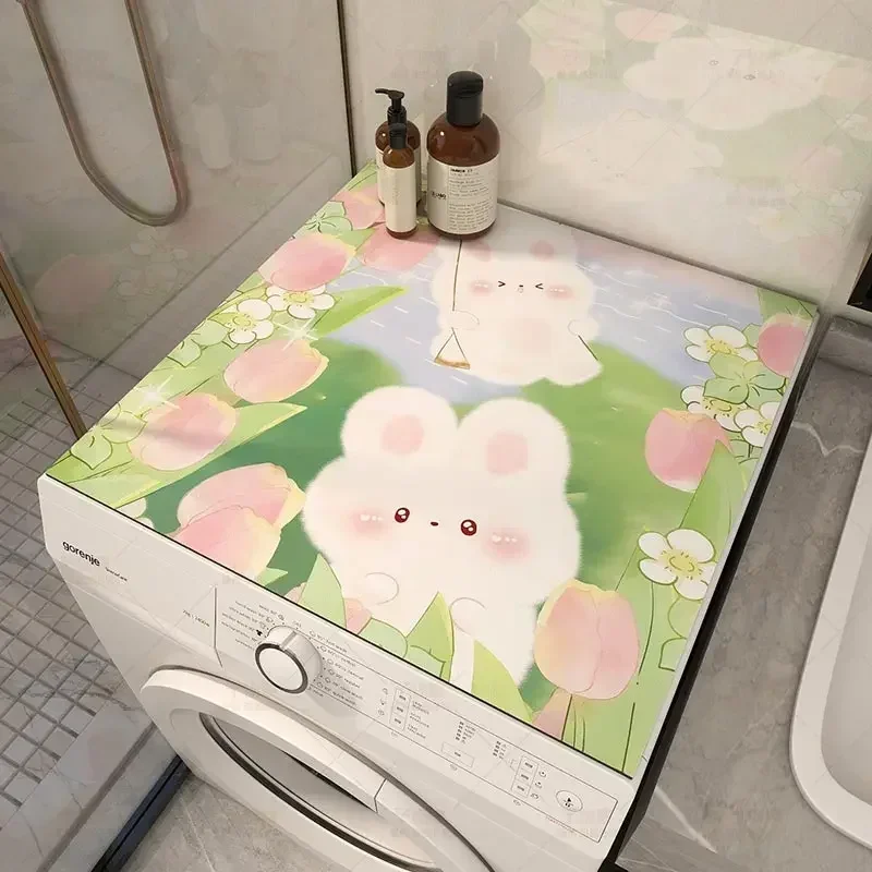 VIKAMA Line Sketch Floral Washing Machine Top Mat Brown Frame Holiday Letter Print Waterproof Anti Dust Dryer Cabinet Cover Pad