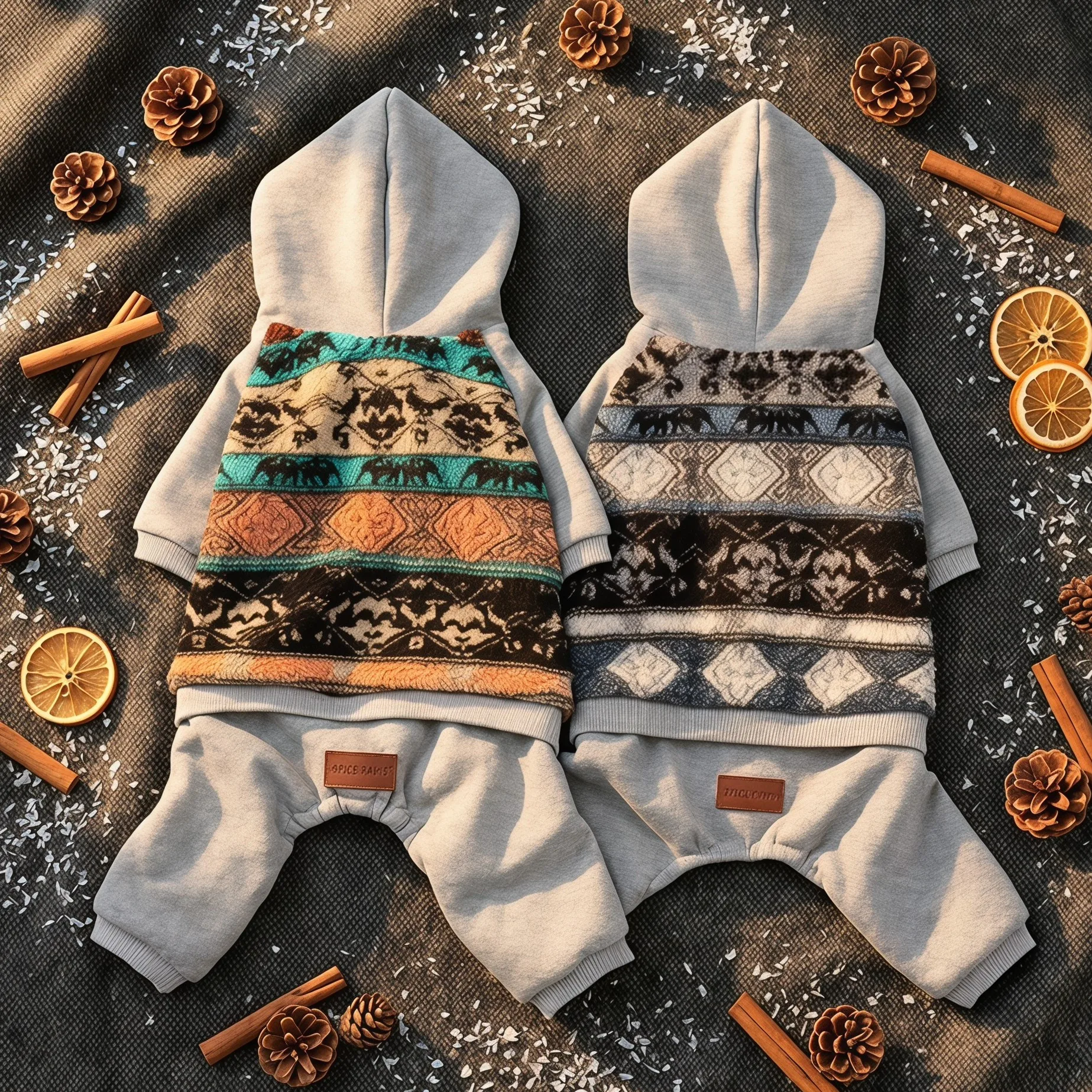 Vierbeiniger Anzug mit Kapuze für Hunde, im ethnischen Stil, mit Jacquard-Muster und Fransen am Saum, vorne mit Druckknöpfen zu öffnen, mit gerippten Ärmel- und Hosenbündchen. – Detail 1