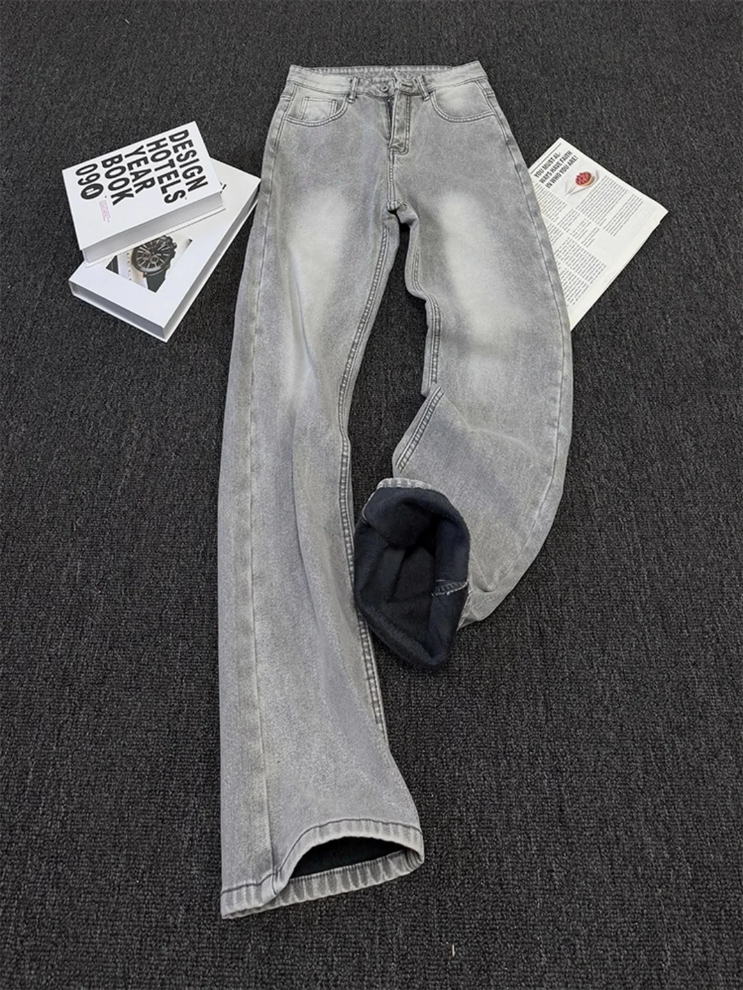 

Мужские джинсы Slim Fit в американском стиле, осенне-зимние, утепленные, прямые, расклешенные, повседневные, из денима